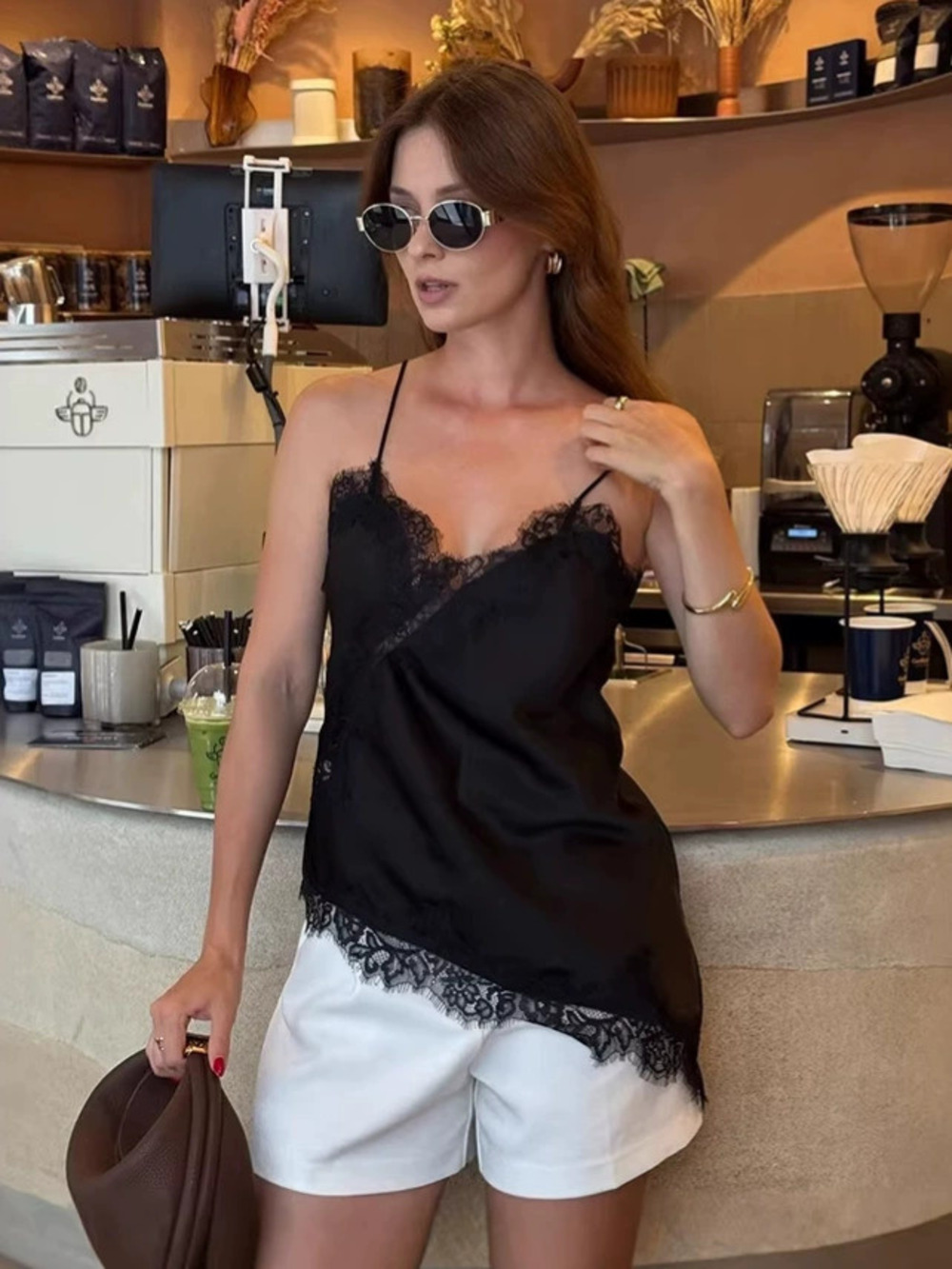 Forever 21 Black Lace Cami Top Summer Asymmetric Hem Satin
